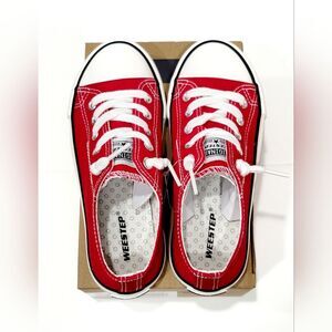 NWT Weestep Kids Red White Canvas Sneakers Shoes + Extra Laces, Size 13